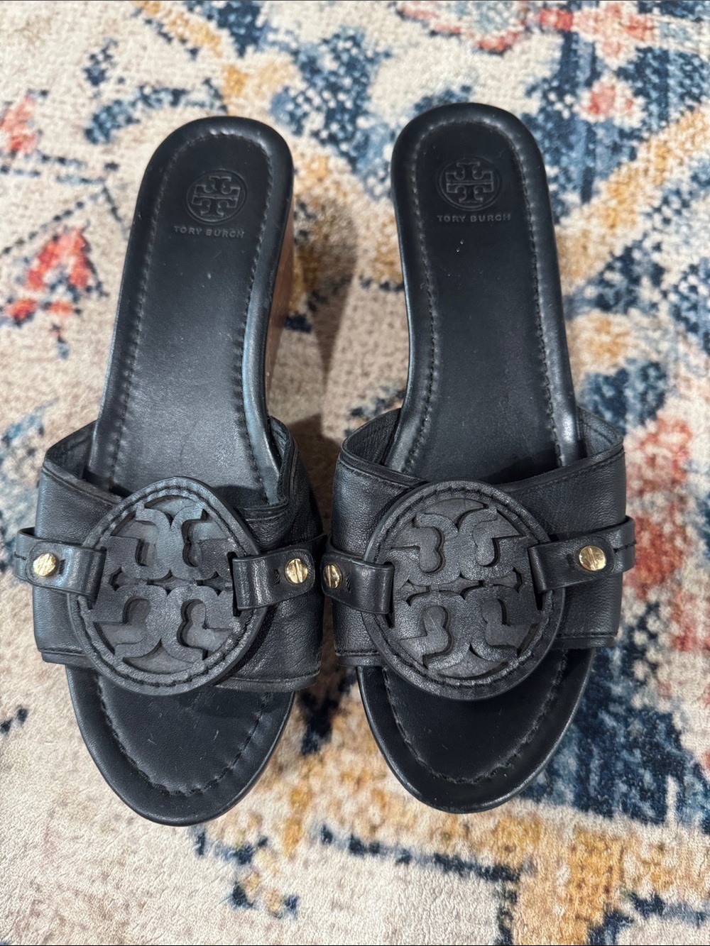 Tory Burch Black Leather Logo Wedge Slide Sandals size 10.5
